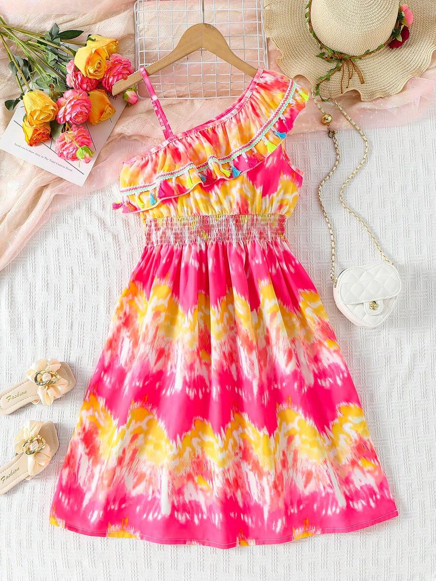 فستان عطلة البنات، فساتين رقمية حريرية مطبوعة بتصميم صباغة ربطة متغير خصر عالي مكشكش الحافة ومزين بشراريب ملونة، طراز جميل وحلو، مناسب للاستخدام اليومي وعطلات الصيف