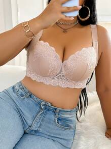 1 件大码性感蕾丝钢圈支撑提拉塑身无缝内衣胸罩 - 米色 - 查看 5