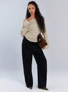 Athîral 女士休闲纯色不对称领抽绳上衣，秋季 - 杏色 - 查看 4