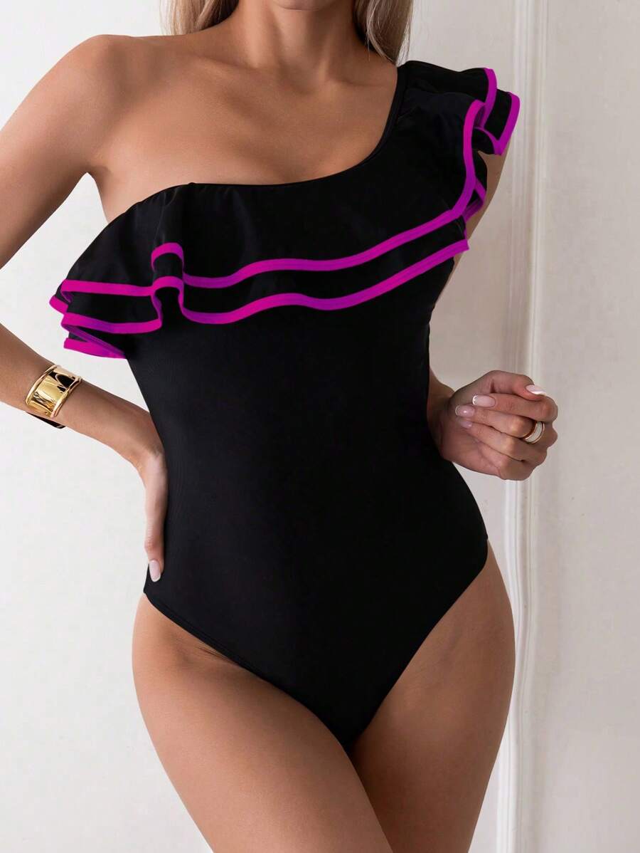 SHEIN Swim 1pc Women's Ruffled Edge One Shoulder One Piece Swimsuit, For Summer Beach Vacation - Black - View 1