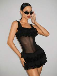 SHEIN ICON Backless Tie-Up Waist Ruffled Ballet Dress With Frill Trim - Black - View 4