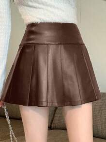 DAZY 女士时尚纯色高腰褶皱PU裙秋季半身裙 - 咖啡棕 - 查看 7