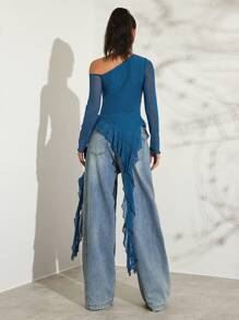 Glamine 浪漫春季不对称水母丝带荷叶边不对称斜肩短袖纯色紧身弹力网眼女式T恤 - 藍色 - 查看 2