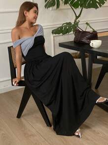 DAZY Splice Contrast Color Off Shoulder Bodycon Dress, Elegant For Holiday/Vacation Wear, Summer & Spring Sundress Maxi Dress - Black - View 1