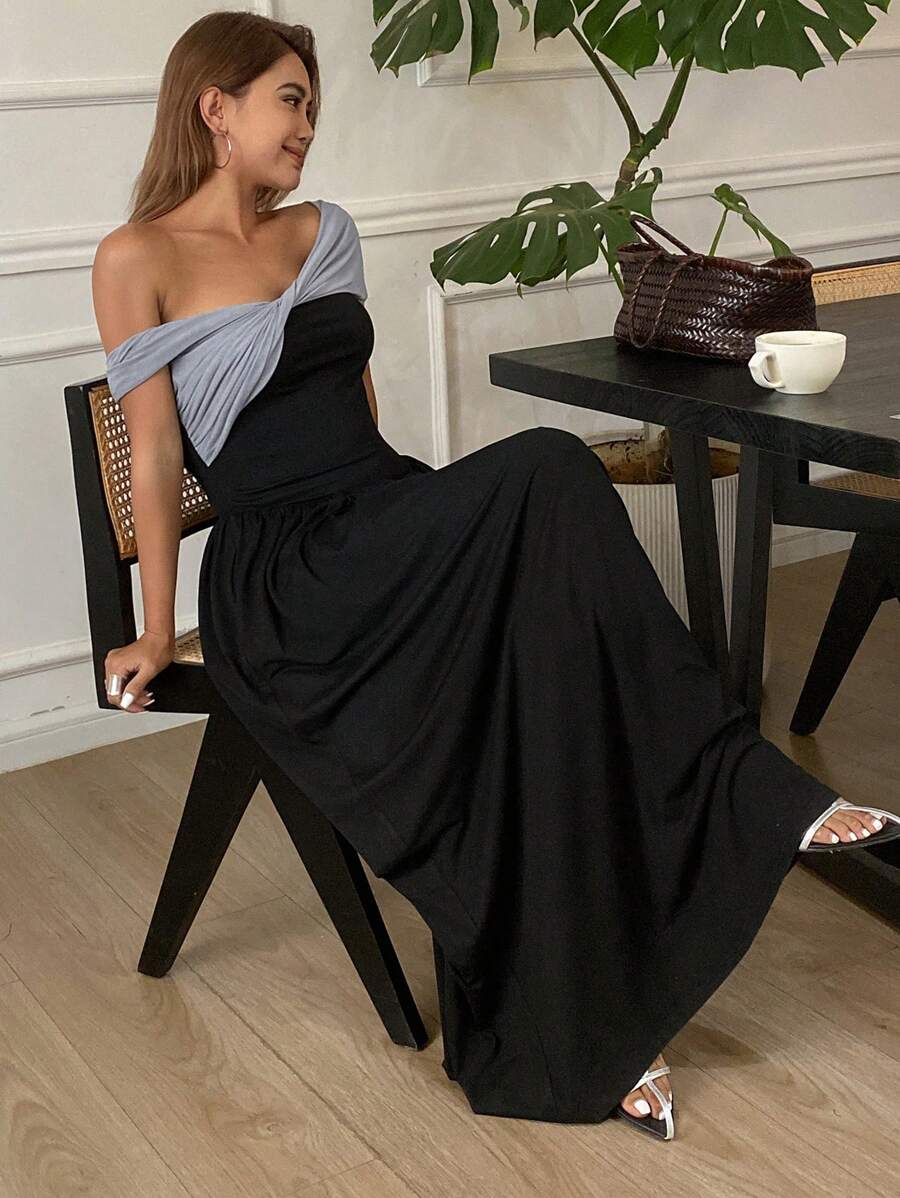 DAZY Splice Contrast Color Off Shoulder Bodycon Dress, Elegant For Holiday/Vacation Wear, Summer & Spring Sundress Maxi Dress - Black - View 1