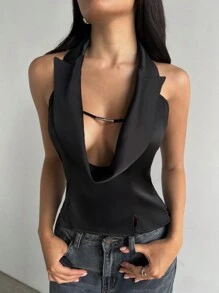 Aloruh Camisa/top de oficina sexy con cuello negro