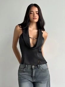 Aloruh Camisa/top de oficina sexy con cuello negro