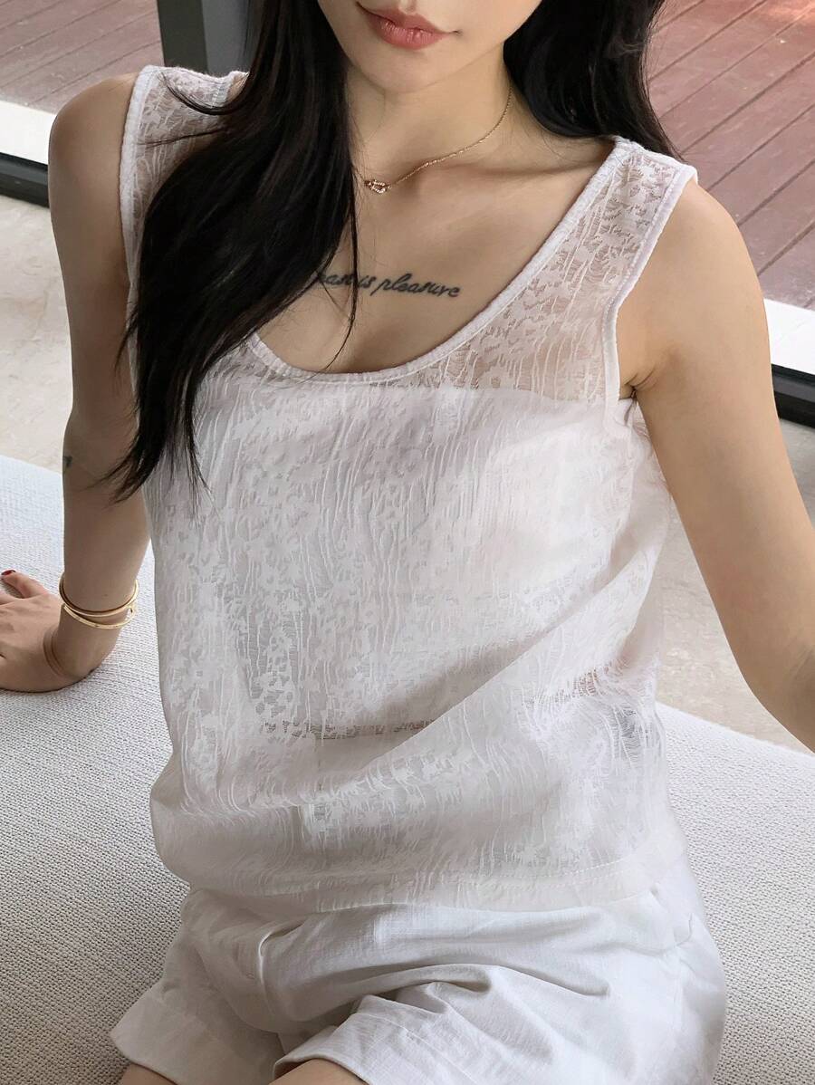 DAZY Women Casual Solid Color Lace Loose Camisole Tank Tops - White - View 1