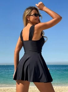 Swim Lushoire Non-Detachable Molded Cup, Wide Strap Solid Color Slim Fit Top And Bottom Tankini Swimwear For Women, For Summer Beach Vacation