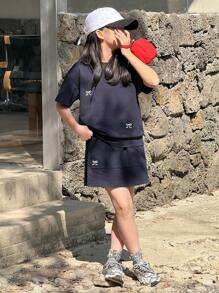 Dazy Kids 2pcs/Set Tween Girls Butterfly Print Drop Shoulder Short Sleeve Top And Mini Skirt Set - Navy Blue - View 2