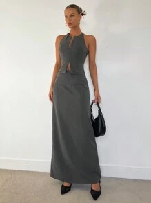SHEIN Essnce Conjunto de dos piezas de mujer con top sin mangas con cremallera de color gris sólido para uso diario u oficina y falda larga con abertura, traje elegante/conjunto de falda para mujer/conjunto de ropa de trabajo para mujer