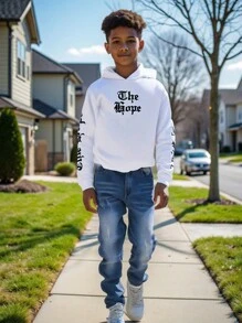 2pcs/Set Boys Older Kids Hooded Print Long Sleeve Knit Sweatshirt + Casual Denim Long Pants, Spring/Autumn