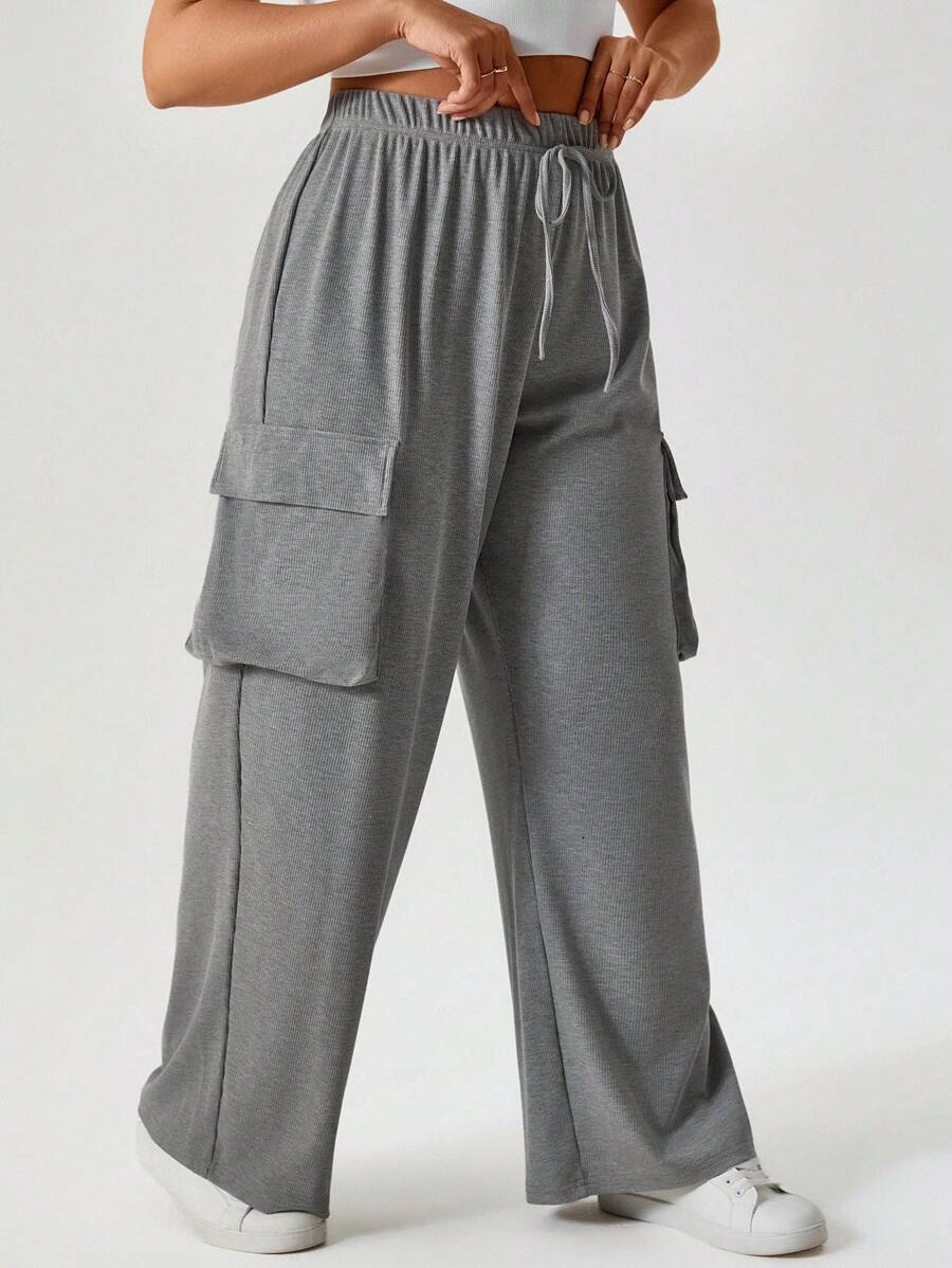 SHEIN LUNE Pantaloni cargo taglie forti da donna con tasche, grigio melange, abbigliamento occidentale da donna bohémien, stile boho 90s, per festival estivi, casual da vacanza in stile boho old money - Grigio - Visualizzare 1