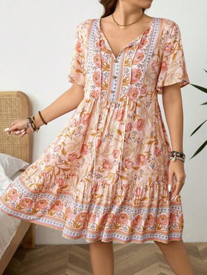 SHEIN LUNE Plus Size Floral Print Tie Neck Casual Vacation Short Sleeve Dress Plus Size Women Casual Cashew Ditsy Floral Short Sleeve Holiday Dress Vacation Style Bohemian Dress,Summer Dresses For Women Plus Size Boho Dress Plus Size Summer Dress Plus Size Floral Dress Fall Women Clothes School Clothes Teacher Outfits For Women Country Outfits Women Fall Clothes For Women Fall Outfits Women Dresses For Women Casual Bandana Surplice Neck Pocket Belted Flutter Hem Maxi Dress