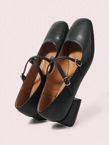 CUCCOO DOLLMOD Women's Commuter Elegant High-Quality Black PU Criss-Cross Strap Comfortable Square Toe Low Heel Mary Jane Flats, Fashion Blogger Work & Dating Outfit - Black - View 9