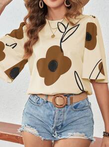 SHEIN VCAY Plus Size Women's Boho Vacation Floral Print Ruffle Trim Short Sleeve Blouse, For Summer - Khaki - View 1