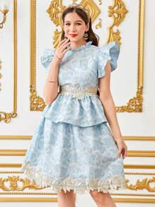 SHEIN 少女立领荷叶边袖花卉刺绣衬衫和百褶裙 2 件套 - 藍色 - 查看 5