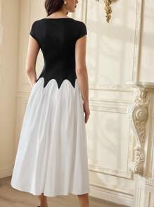 Vintamour Váy nữ cổ điển thanh lịch, váy chắp vá đen trắng, dáng ôm xòe, mọi mùa - Đen và trắng - Xem 2