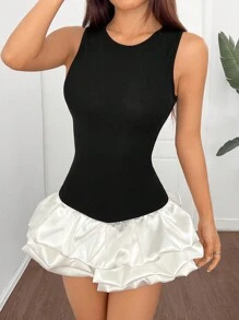 SHEIN EZwear 女式撞色拼布荷叶边下摆无袖迷你连衣裙 - 黑與白 - 查看 4