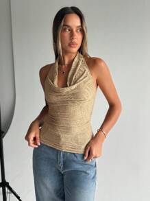 SHEIN Essnce Women Pleated Design Backless Fashion Tank Top Summer Tops Halter Top Mother Day Teacher Tops Fashion Tanks - Camel - View 3