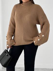 SHEIN Cottnline Plus Size Plain High Neck Long Sleeve Button-Up Casual Pullover Sweater - Camel - View 4