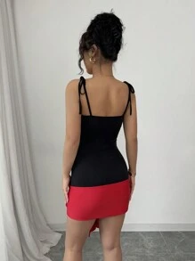 Elenzga Bow Knot Party Sleeveless Bodycon Mini Dress - Red and Black - View 2