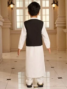 SHEIN 2pcs Muslim Kid Outfit - Shirt And Vest Set, Little Gentleman Muslim Boys White Robe Suit, Muslim Stand Collar Shirt For Boys Aged 4-7 Years