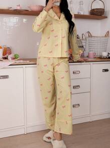 Conjunto de pijama de top de manga larga a rayas con lazo y pantalones para mujer, detalles acogedores y elegantes para la temporada navideña, ropa de otoño e invierno - Multicolor - Ver 4