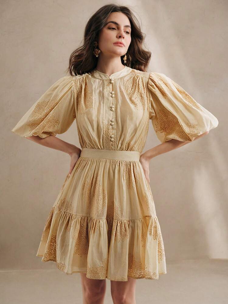 Romantic Puff Sleeve Elegant Hollow Out Round Neck Batwing T-Shirt With Camisole Dress, Suitable For Date, Party, Beach, Spring Outfits For Women