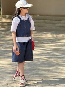 DAZY 青少年女孩牛仔两件套，女孩夏季服装，返校服装 - 藍色 - 查看 6