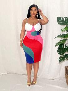 Slaydiva 2025 Summer&Beach New Elegant & Sexy & Party Plus Size Women Contrast Color Block Print Bodycon Spaghetti Strap Midi Dress