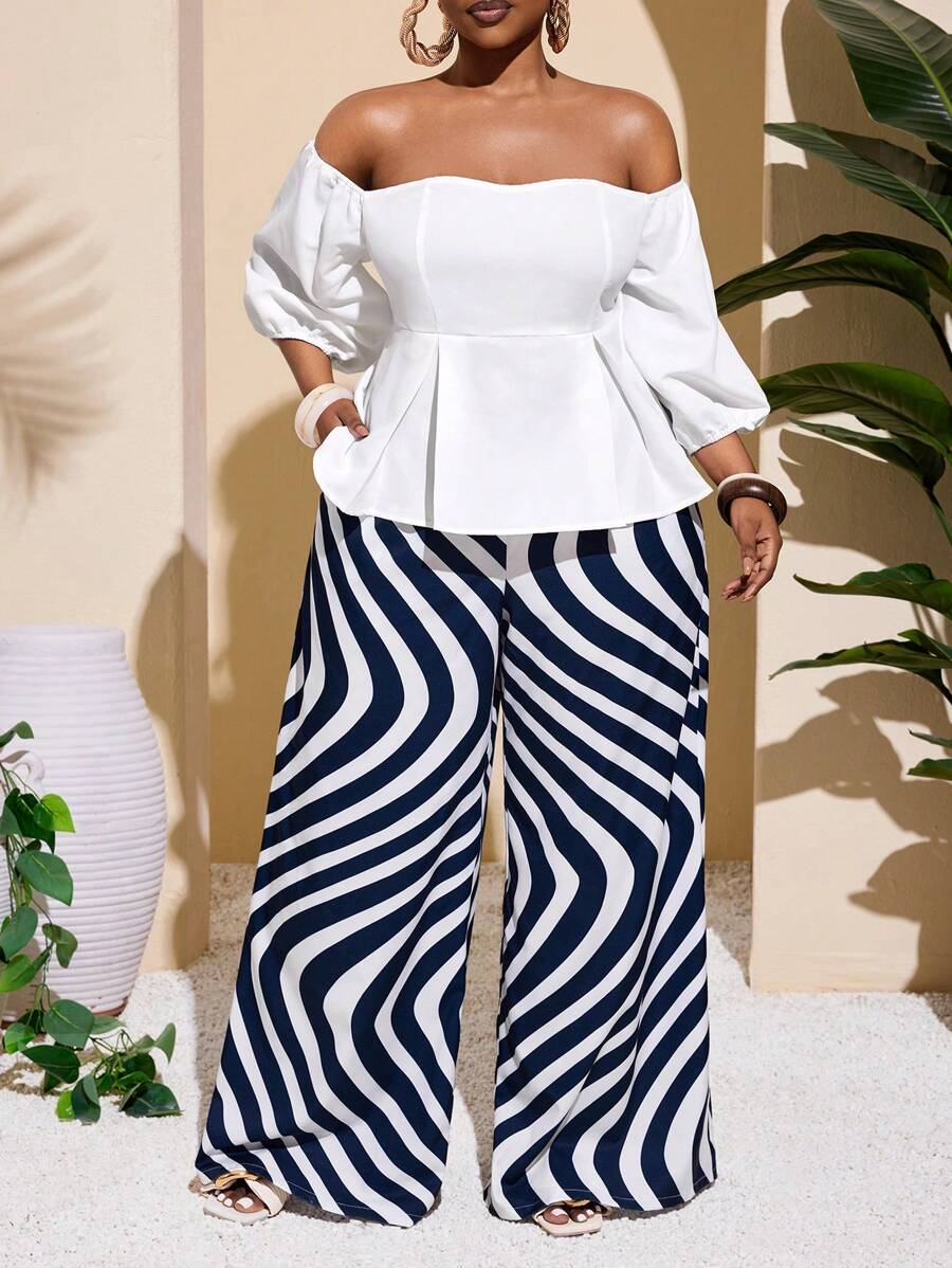 Slaydiva 2025 年新款狂欢/复活节服装大码女装/老钱风格大码女装/乡村音乐会服装/外出服装/仙女风/节日服装/热带度假大码女装夏季服装大码女装/夏季/狂欢/欧洲夏季/春季服装/西部服装大码女装大码/音乐会/毕业服装 - 百搭简约休闲百搭海滩优雅浪漫白色泡泡袖上衣和抽象几何条纹印花裤 2 件套