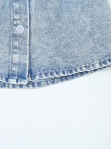 Youth Girls Fashionable Cute Fitted Slim Ruffle Trim Short Cap Sleeve Square Collar Light Washed Blue Casual Daily Top, Suitable For Summer, Toddler Denim Blouse - Light Wash - View 5