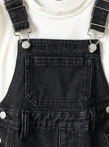 Young Boys Vintage Washed Black & Grey Classic Distressed Rolled Hem Denim Suspender Shorts, Casual & Simple Design