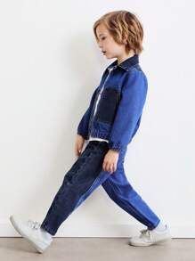 SHEIN Leap Crew Young Boys' Turn-Down Collar Loose Fit Contrast Color Denim Jacket - Blue - View 5