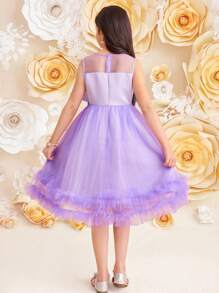 SHEIN Tween Girl Elegant Round Neck Mesh Patchwork 3D Floral Decor Party Dress - Purple - View 6