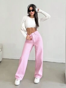 SHEIN Tall WOMEN HIGH RISE STRAIGHT PINK JEAN TALL Spring Outfits For Women  Woman S Summer Clothes Women Summer Clothing Women S Clothes - Pink - View 5