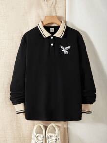 Vacaura 青少年男孩时尚简约黑鹰刺绣长袖 Polo 衫 - 黑色 - 查看 1