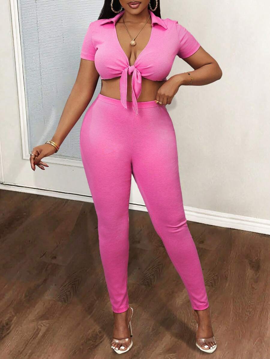 Slaydiva 2pcs/Set Sexy Chic Collared Lace-Up Short Sleeve Top And Tight Pants, Pink - Pink - View 1