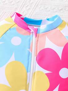 SHEIN Leap Crew Young Girl Ditsy Floral Rash Guard Swimsuit With Hat - White - View 5