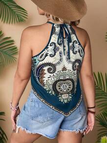 Travachic Parte superior tipo tanque casual con cuello de halter y estampado floral para mujer de talla grande, para el verano