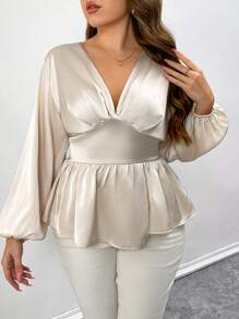 Flirla Camisa de manga larga con escote en V de satén, cintura fruncida, unicolor, elegante, talla grande, para primavera/otoño - Crema - Ver 4