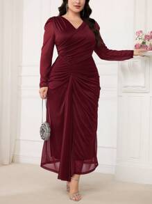 Modelyn Plus Size Simple Fashion Casual Daily Long Sleeve Solid Color Dress - Burgundy - View 5