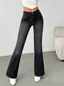 EURMUSE Casual Washed Low Waist Slim Fit Flared Jeans - Black - View 3