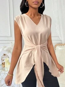 Lyxana Blusa informal sin mangas con nudo a la cintura para mujer