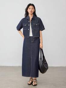 Dazy-Less 休闲宽松简约牛仔上衣，侧开衩设计，两件套，女士商务休闲女式工作服