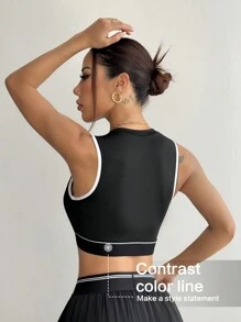 SHEIN Sports Contrast Color Piping Front Zipper Cropped Active Tank Top - Black - View 2