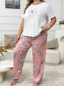 Cute Plus Size Koala Graphic White Top And Koala Print Coral Pink Pants Set, Lounge Wear