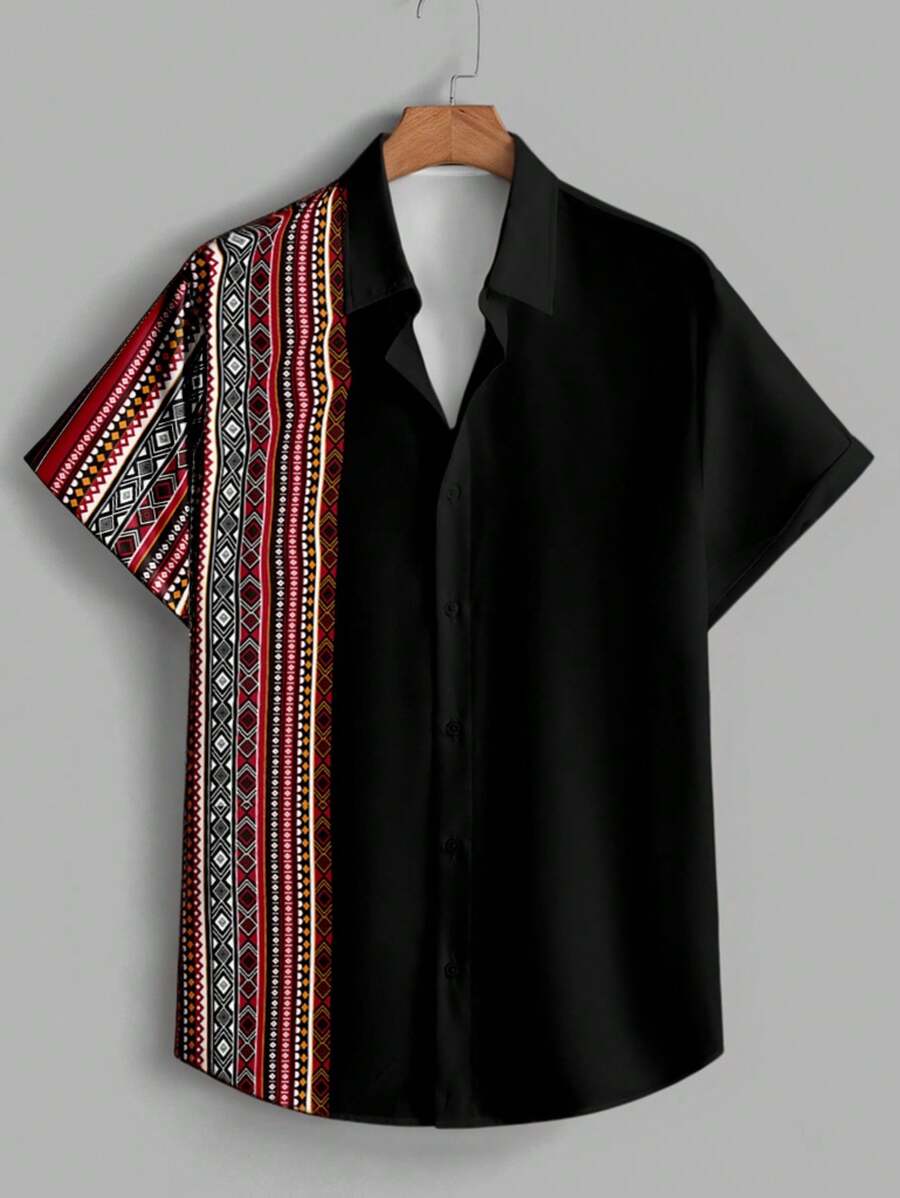 Manfinity VCAY Men's Slim Fit Woven Patchwork Black & Red Geometric Print Short Sleeve Shirt - Multicolor - View 1