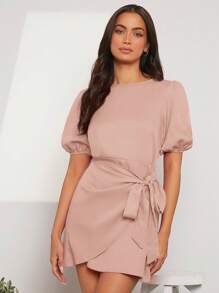 Firerie 女士纯色圆领短款泡泡袖裹身下摆休闲连衣裙 - 粉色 - 查看 4